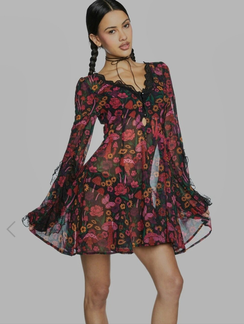 Current Mood Dolls Kill Daydreamer Floral Mushroom Lace Sheer Mini Dress - M